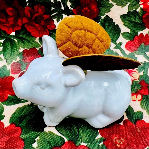None Other - ANGEL PIG Rustic Primitive Ceramic Figurine White Piglet with Rusty Tin Wings.